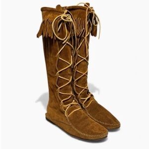 Minnetonka Vintage Brown Suede Fringe Lace-Up Tall Boots Boho Festival Fringe